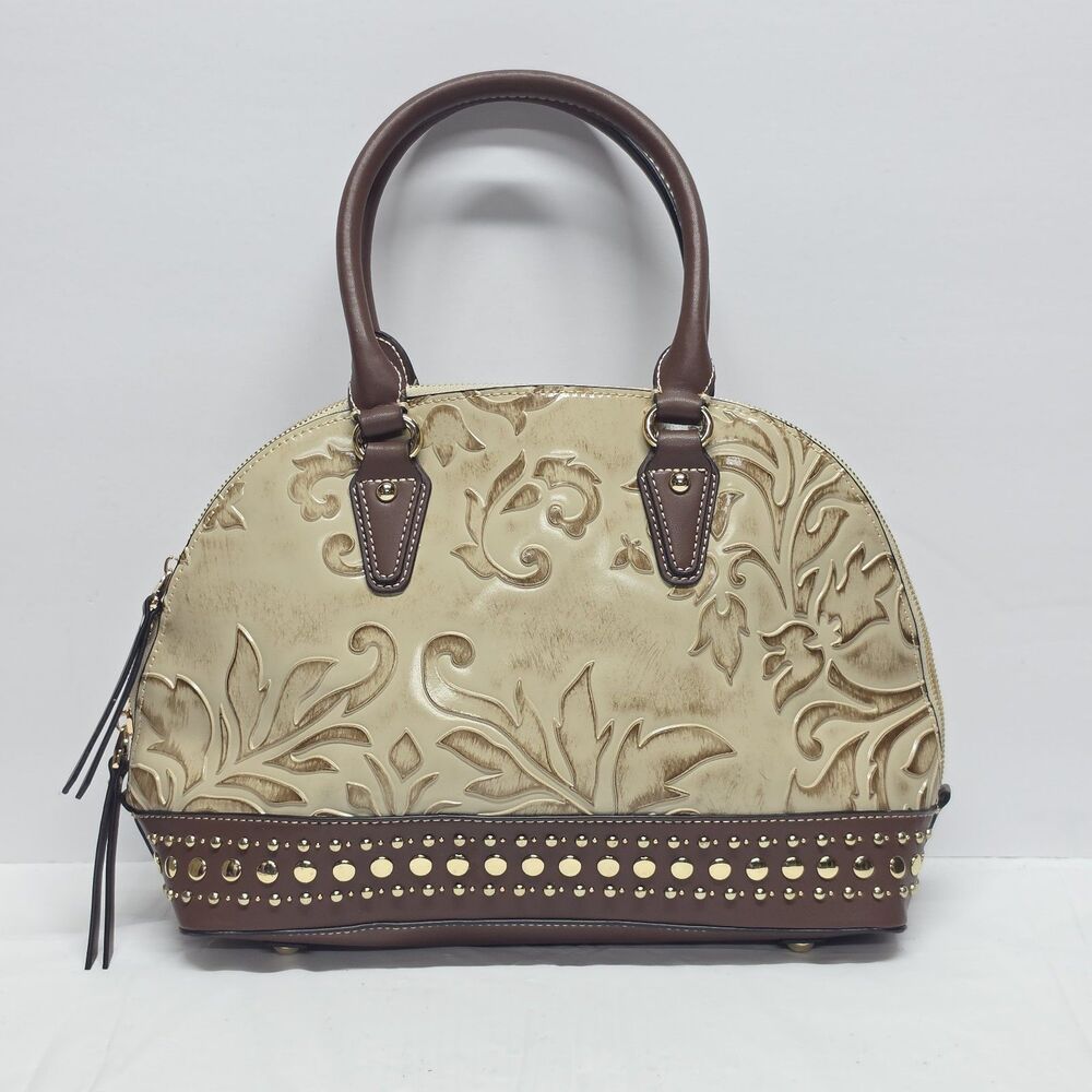 M.C. Handbags Marc Chantal Liz Floral Embossed Leather Satchel Bag Beige Brown